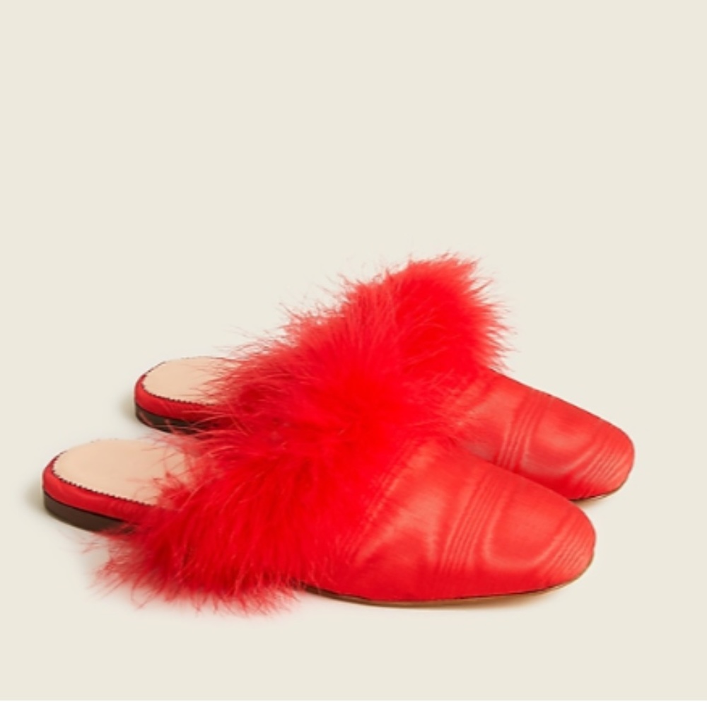 J. Crew Feather-Trimmed Mule Slides in Moire Silk